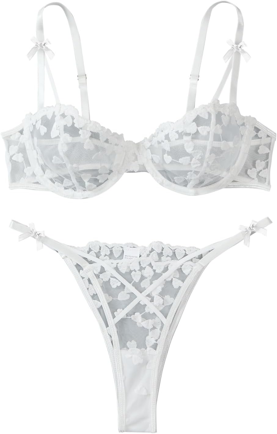 Sexy Lingerie Set 2 Piece Women Push Up Bra and Panty 3XS-5XL | Cute Heart Embroidered Strappy Petite Sheer Mesh Bridal Bachelorette Wedding Underwire Exotic Honeymoon Valentine's Boudoir