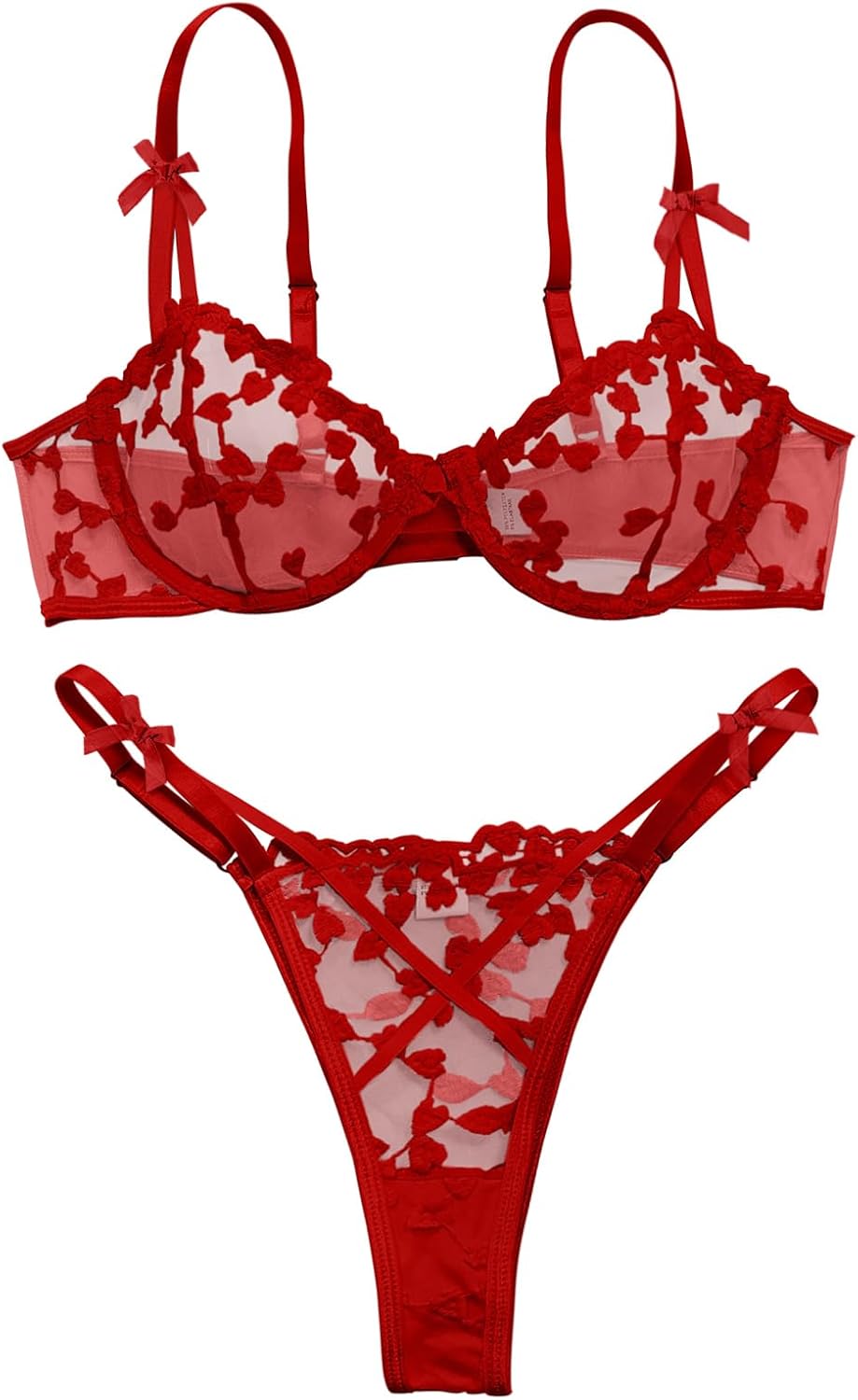 Sexy Lingerie Set 2 Piece Women Push Up Bra and Panty 3XS-5XL | Cute Heart Embroidered Strappy Petite Sheer Mesh Bridal Bachelorette Wedding Underwire Exotic Honeymoon Valentine's Boudoir