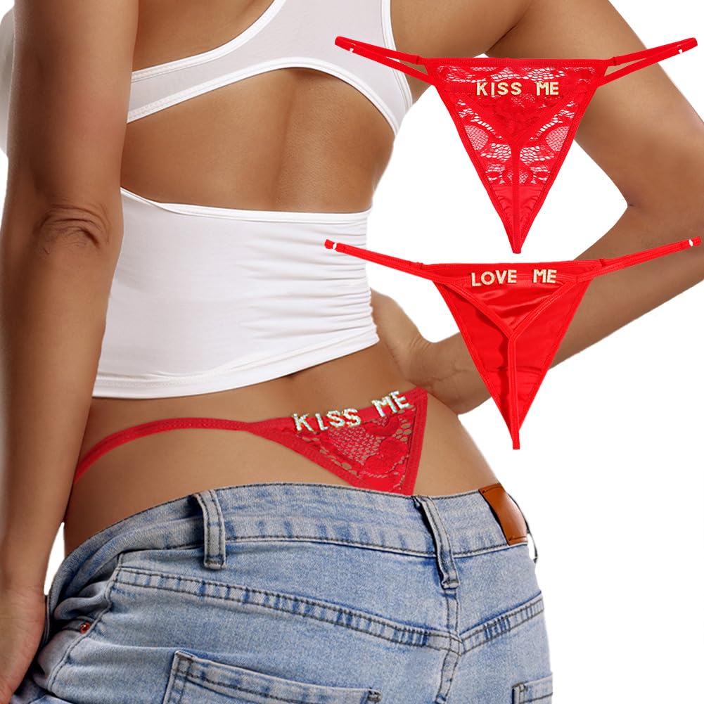 Sexy Underwear for Women, 2 Pack Thong Panties Custom Name or Fun Lettering, Lace&Silk G-String, Adjustable