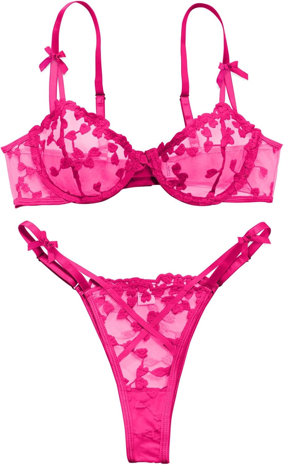 Sexy Lingerie Set 2 Piece Women Push Up Bra and Panty 3XS-5XL | Cute Heart Embroidered Strappy Petite Sheer Mesh Bridal Bachelorette Wedding Underwire Exotic Honeymoon Valentine's Boudoir