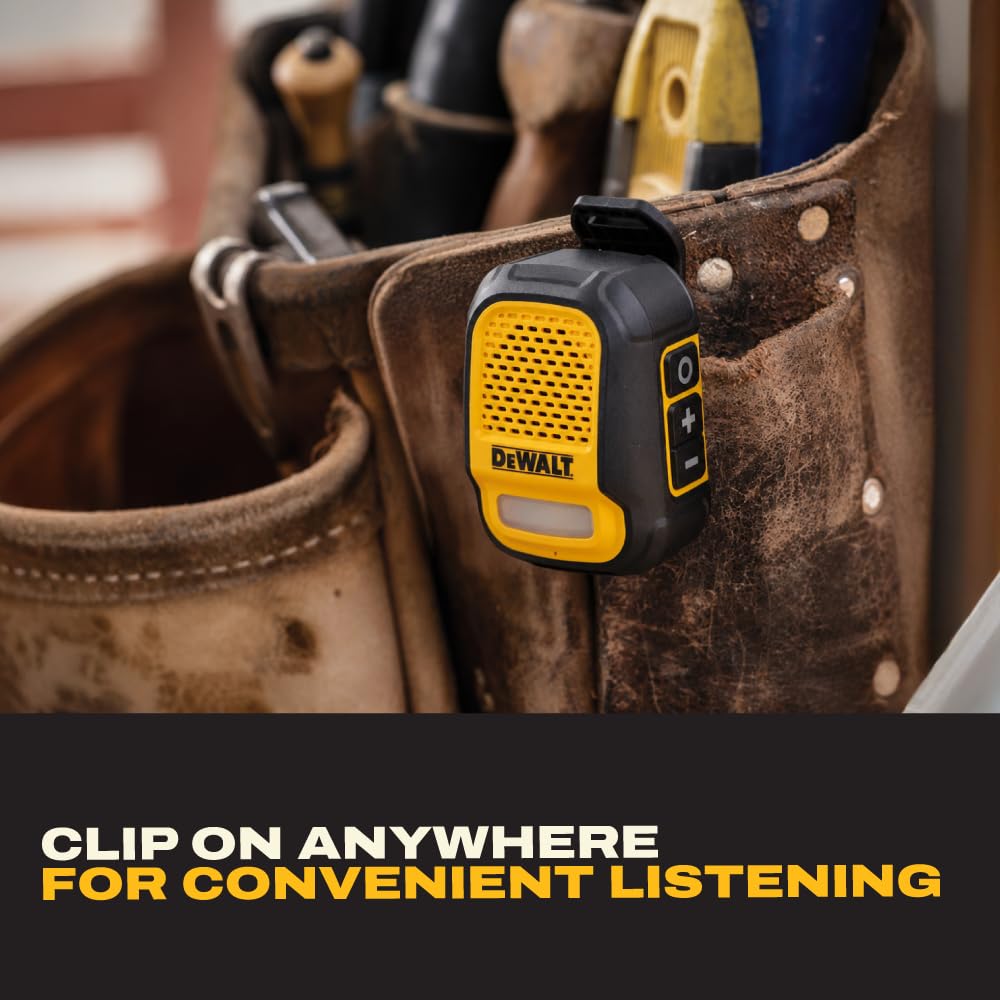 DEWALT Heavy Duty Wearable Bluetooth Speaker Pro Max (New Model) Jobsite Clip-On Mini Speaker w/LED Work Light, IP56 Water Resistant, 12H Runtime, Built-in Mic & Multi-Speaker Link
