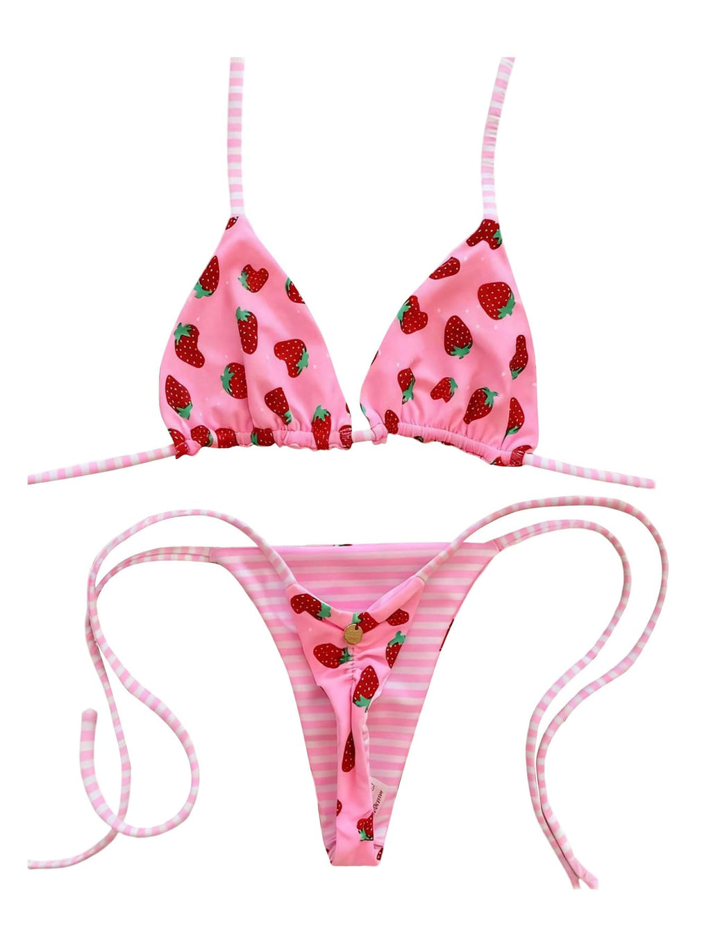 WDIRARA Women's Strawberry Print Striped 2 Piece Swimsuit Triangle String Thong Bikini Set