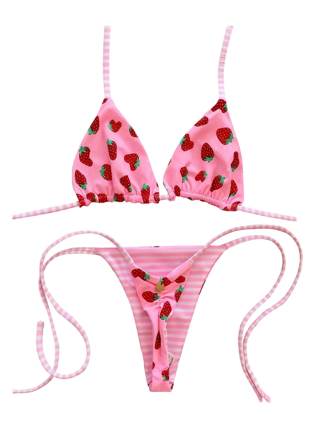 WDIRARA Women's Strawberry Print Striped 2 Piece Swimsuit Triangle String Thong Bikini Set