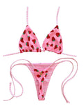 WDIRARA Women's Strawberry Print Striped 2 Piece Swimsuit Triangle String Thong Bikini Set