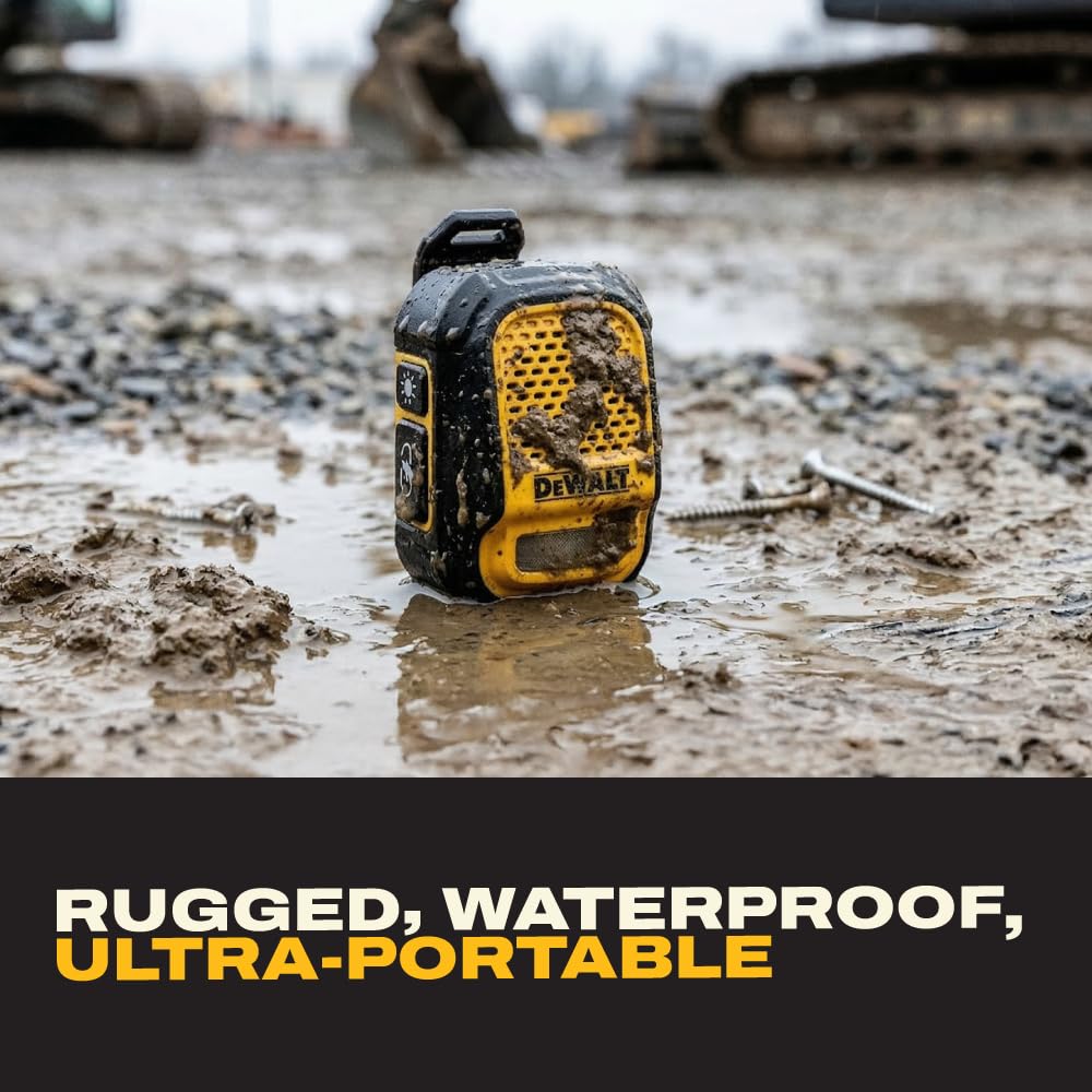 DEWALT Heavy Duty Wearable Bluetooth Speaker Pro Max (New Model) Jobsite Clip-On Mini Speaker w/LED Work Light, IP56 Water Resistant, 12H Runtime, Built-in Mic & Multi-Speaker Link