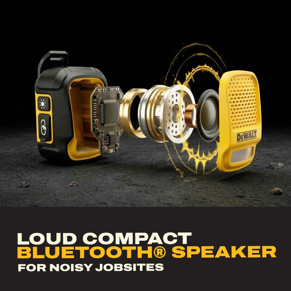 DEWALT Heavy Duty Wearable Bluetooth Speaker Pro Max (New Model) Jobsite Clip-On Mini Speaker w/LED Work Light, IP56 Water Resistant, 12H Runtime, Built-in Mic & Multi-Speaker Link