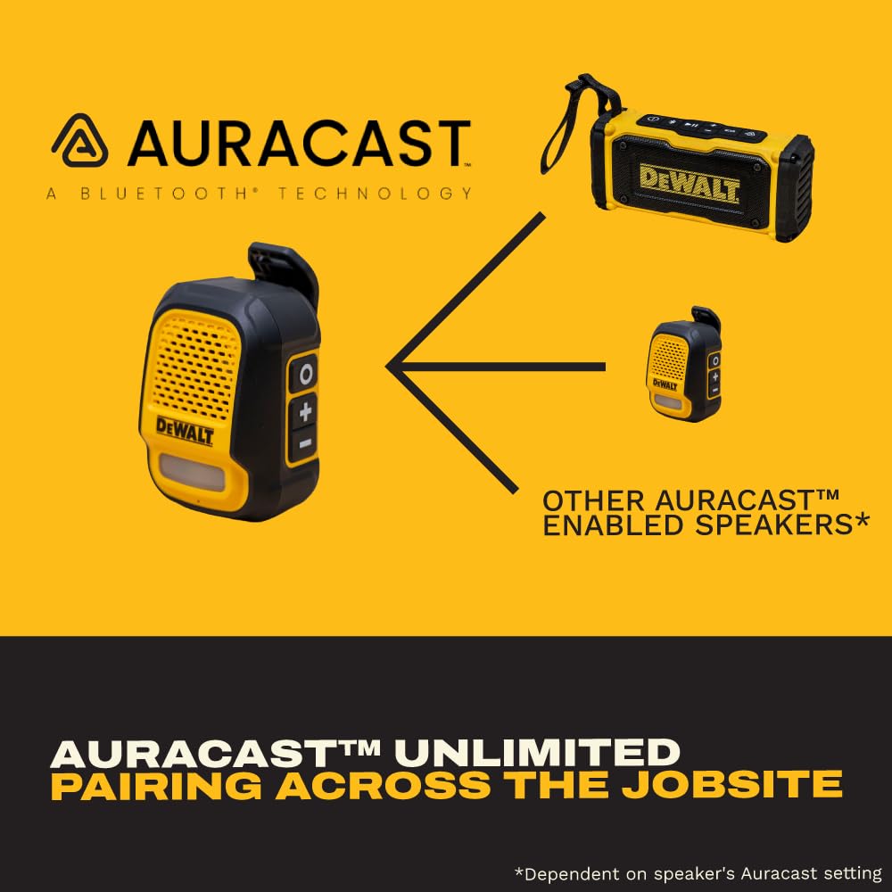 DEWALT Heavy Duty Wearable Bluetooth Speaker Pro Max (New Model) Jobsite Clip-On Mini Speaker w/LED Work Light, IP56 Water Resistant, 12H Runtime, Built-in Mic & Multi-Speaker Link