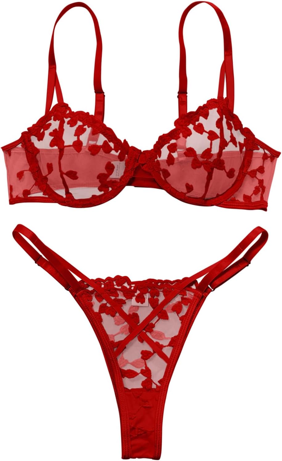 Sexy Lingerie Set 2 Piece Women Push Up Bra and Panty 3XS-5XL | Cute Heart Embroidered Strappy Petite Sheer Mesh Bridal Bachelorette Wedding Underwire Exotic Honeymoon Valentine's Boudoir