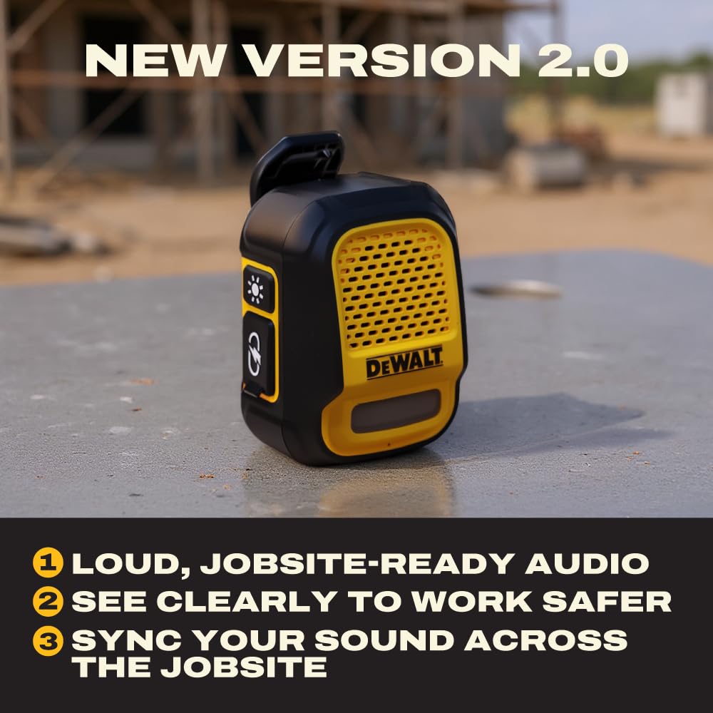 DEWALT Heavy Duty Wearable Bluetooth Speaker Pro Max (New Model) Jobsite Clip-On Mini Speaker w/LED Work Light, IP56 Water Resistant, 12H Runtime, Built-in Mic & Multi-Speaker Link