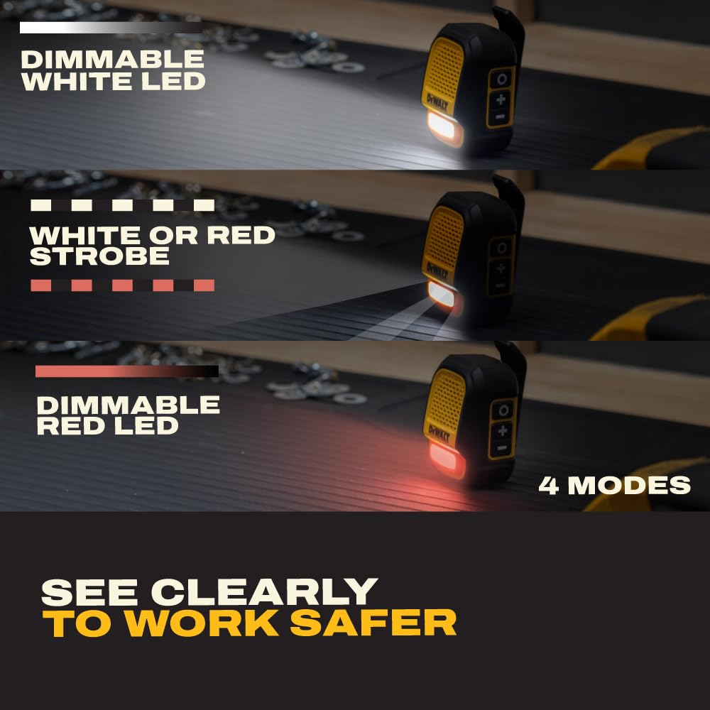 DEWALT Heavy Duty Wearable Bluetooth Speaker Pro Max (New Model) Jobsite Clip-On Mini Speaker w/LED Work Light, IP56 Water Resistant, 12H Runtime, Built-in Mic & Multi-Speaker Link