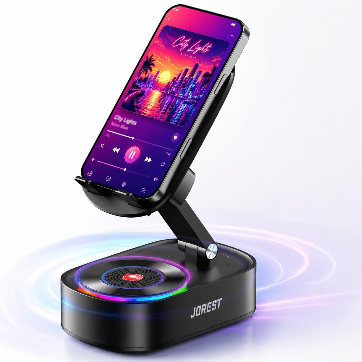 Jorest Wireless Induction Speaker, Cell Phone Stand with Bluetooth Audio, Phone Speaker Amplifier Foldable for iPhone, Android, iPad, Birthday Gifts for Men Women Teenage Boy Dad Father