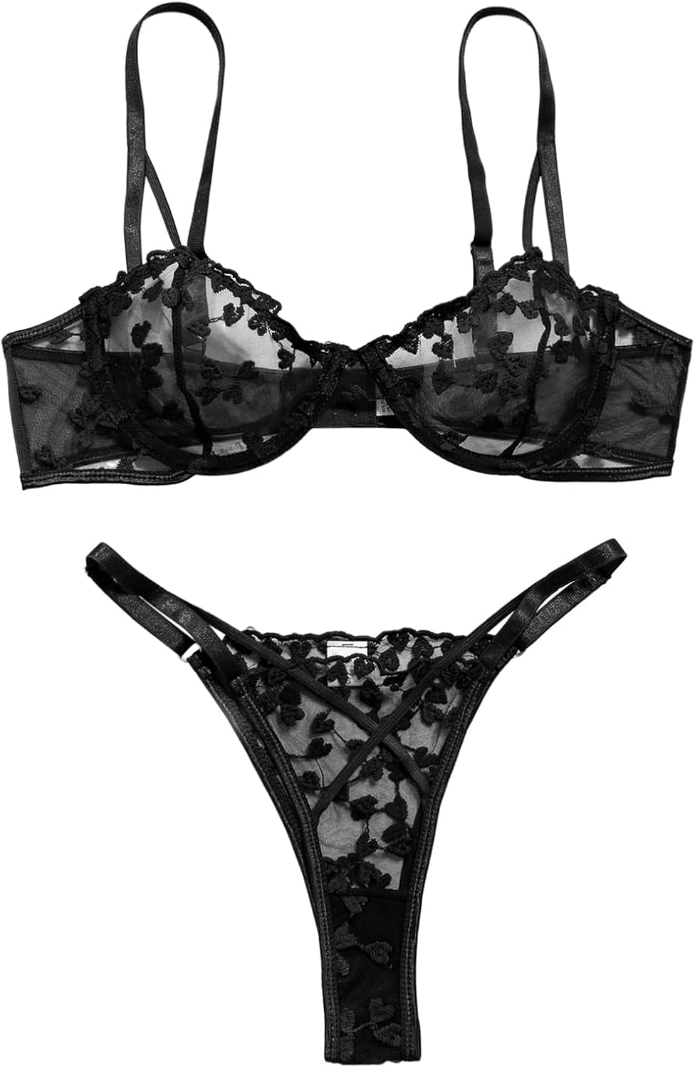 Sexy Lingerie Set 2 Piece Women Push Up Bra and Panty 3XS-5XL | Cute Heart Embroidered Strappy Petite Sheer Mesh Bridal Bachelorette Wedding Underwire Exotic Honeymoon Valentine's Boudoir