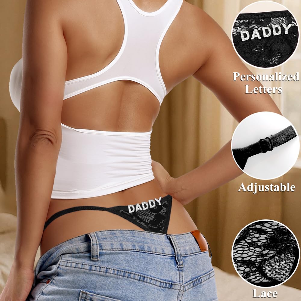 Sexy Underwear for Women, 2 Pack Thong Panties Custom Name or Fun Lettering, Lace&Silk G-String, Adjustable