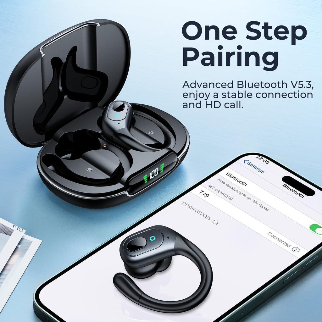 occiam Active Noise Cancelling Earbuds Wireless Bluetooth Headphones Ear Buds 90Hrs Playback Stereo Bass Earphones with Mic Over-Ear Hooks IPX7 Waterproof Headset for Work Sports Running Matte Black