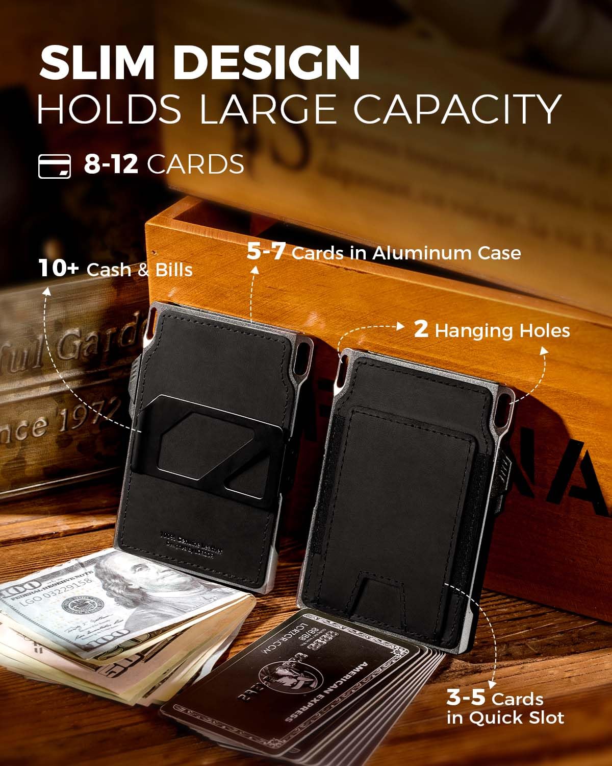 LORZOR Slim Tactical Wallet for Men- Minimalist Front Pocket Full Grain Leather Wallet for 10 Cards, RFID Blocking Aluminum Cardholder, Smart Pop Up Card Case, Money Clip, Gift Boxed(DistressBrown)