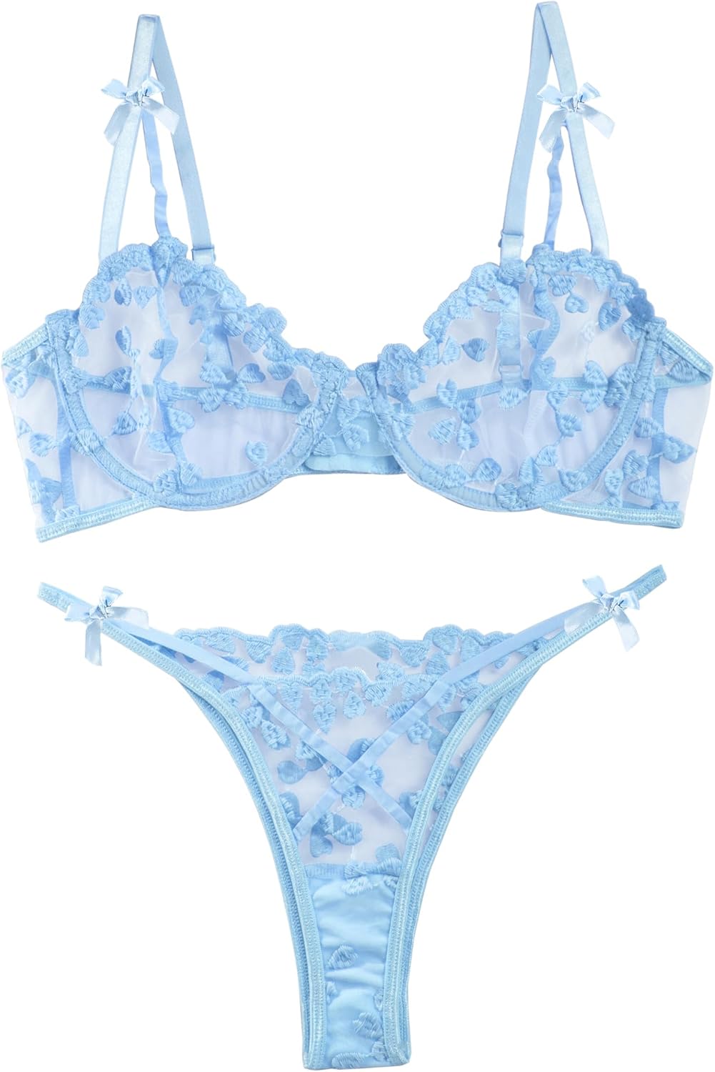 Sexy Lingerie Set 2 Piece Women Push Up Bra and Panty 3XS-5XL | Cute Heart Embroidered Strappy Petite Sheer Mesh Bridal Bachelorette Wedding Underwire Exotic Honeymoon Valentine's Boudoir