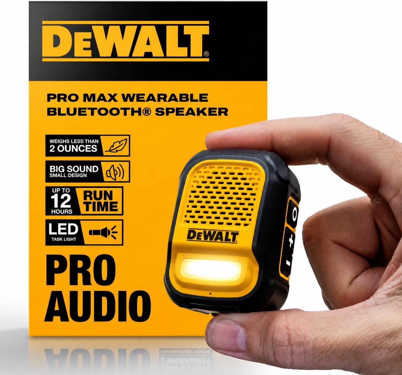 DEWALT Heavy Duty Wearable Bluetooth Speaker Pro Max (New Model) Jobsite Clip-On Mini Speaker w/LED Work Light, IP56 Water Resistant, 12H Runtime, Built-in Mic & Multi-Speaker Link