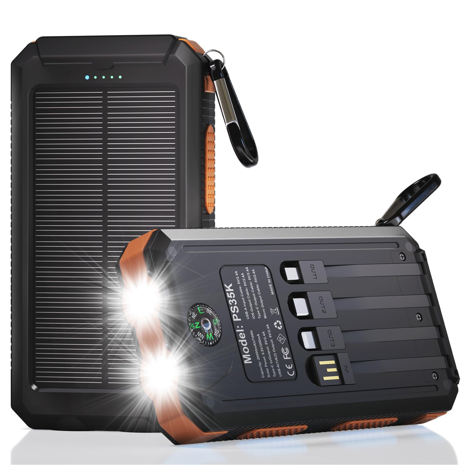 Durecopow Solar Charger Power Bank 20,000mAh, Portable Charger, 4 Cables 3 Ports Fast Charging External Battery Pack with USB C for Cell Phones, Solar Panel Charger with Dual Flashlight for Camping
