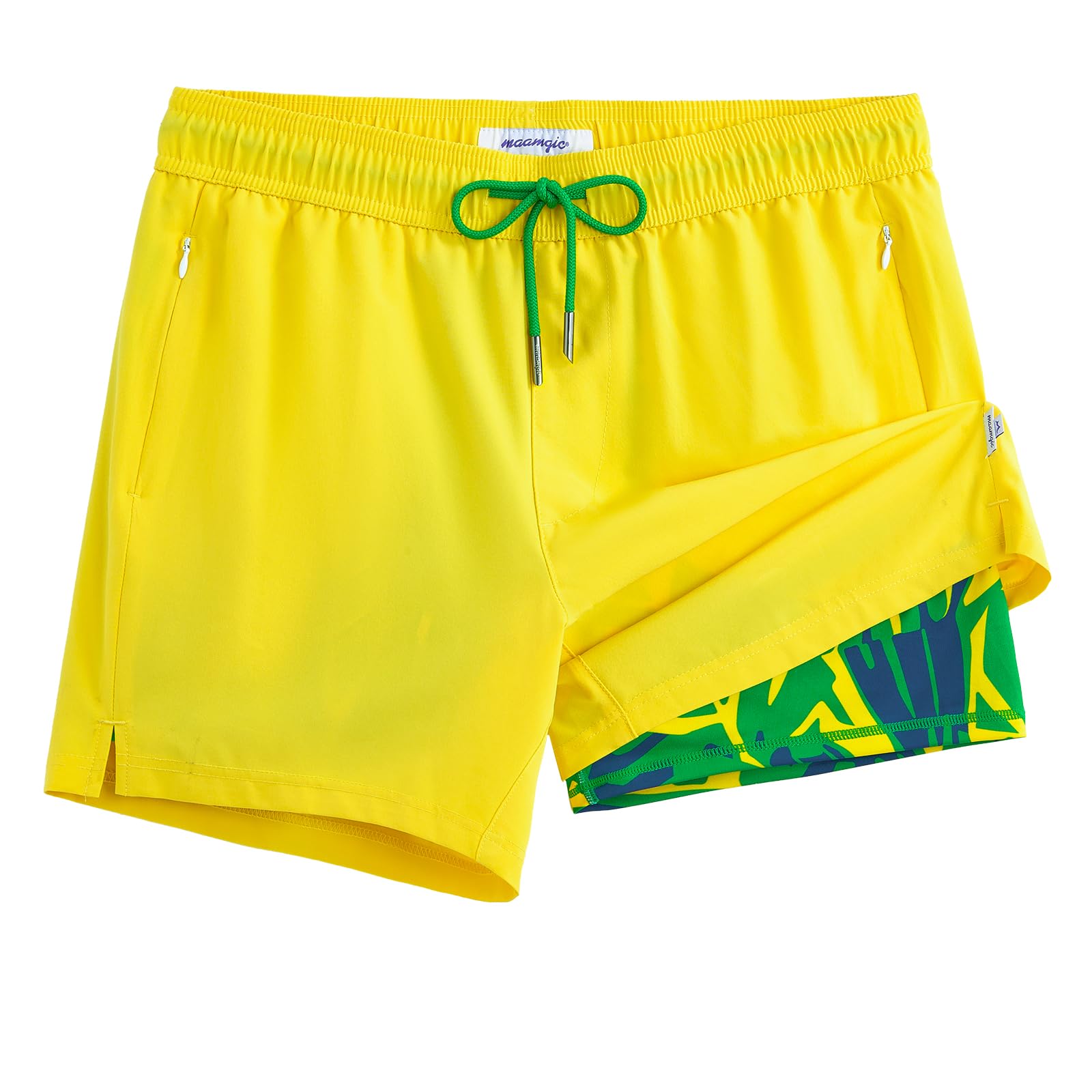 maamgic Mens Swim Trunks with Compression Liner 5 Inch, Quick Dry Bathing Suit with Zipper Pockets, No-Chafing Swim Shorts
