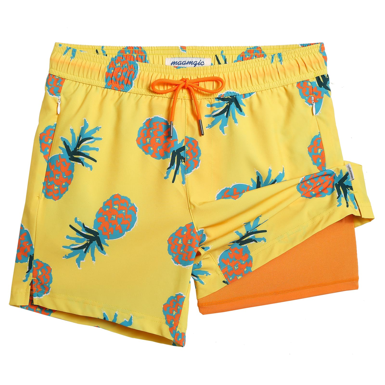 maamgic Mens Swim Trunks with Compression Liner 5 Inch, Quick Dry Bathing Suit with Zipper Pockets, No-Chafing Swim Shorts