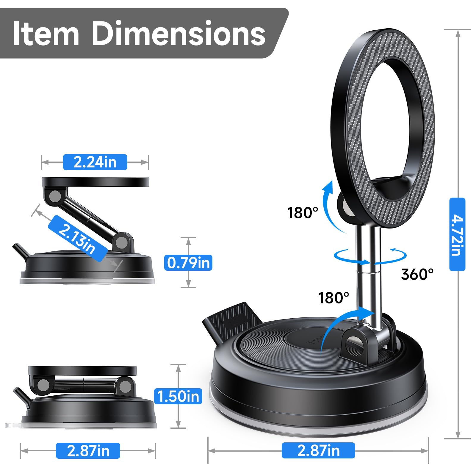 NeverDrop Magsafe Car Mount [2 Bases for Any Surface | 118+LBS Ultra Grip | 2400gf Strong Magnetic] 360° Adjustable Car Phone Holder, Phone Holders for Your Car for All Smartphones, Carbon Fiber