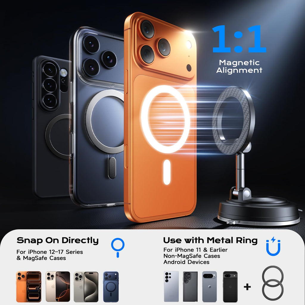 NeverDrop Magsafe Car Mount [2 Bases for Any Surface | 118+LBS Ultra Grip | 2400gf Strong Magnetic] 360° Adjustable Car Phone Holder, Phone Holders for Your Car for All Smartphones, Carbon Fiber
