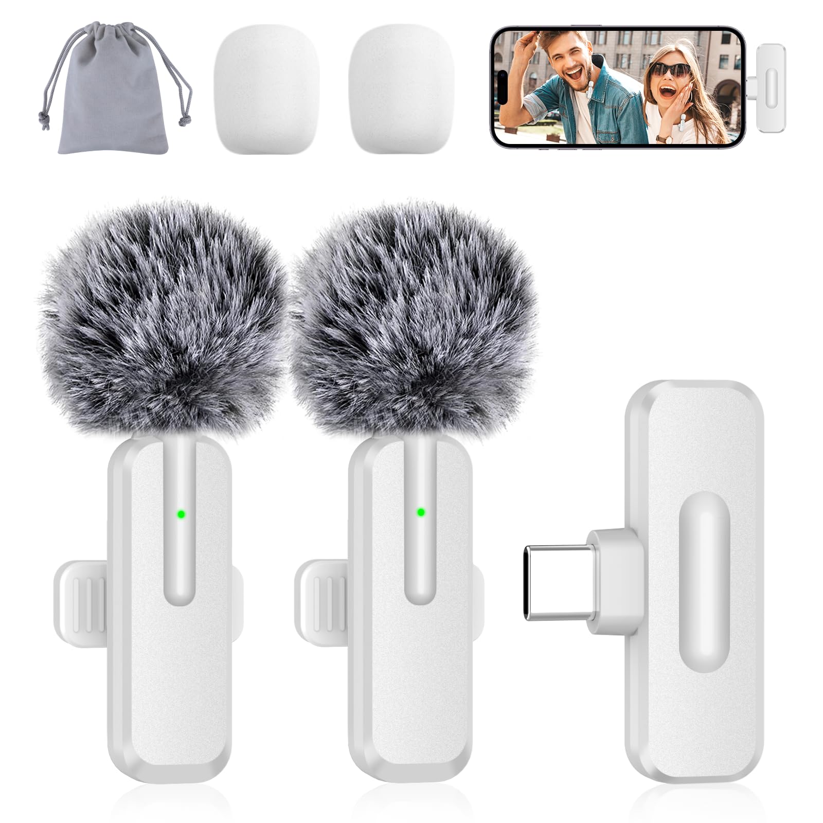 Wireless Mini Microphone for iPhone, Android - 2 Pack Lavalier Microphone for Video Recording, 2 In 1 Noise Reduction Lapel Mic for Ipad, Clip-on Mini Mic with USB-C for Content Creators Podcast