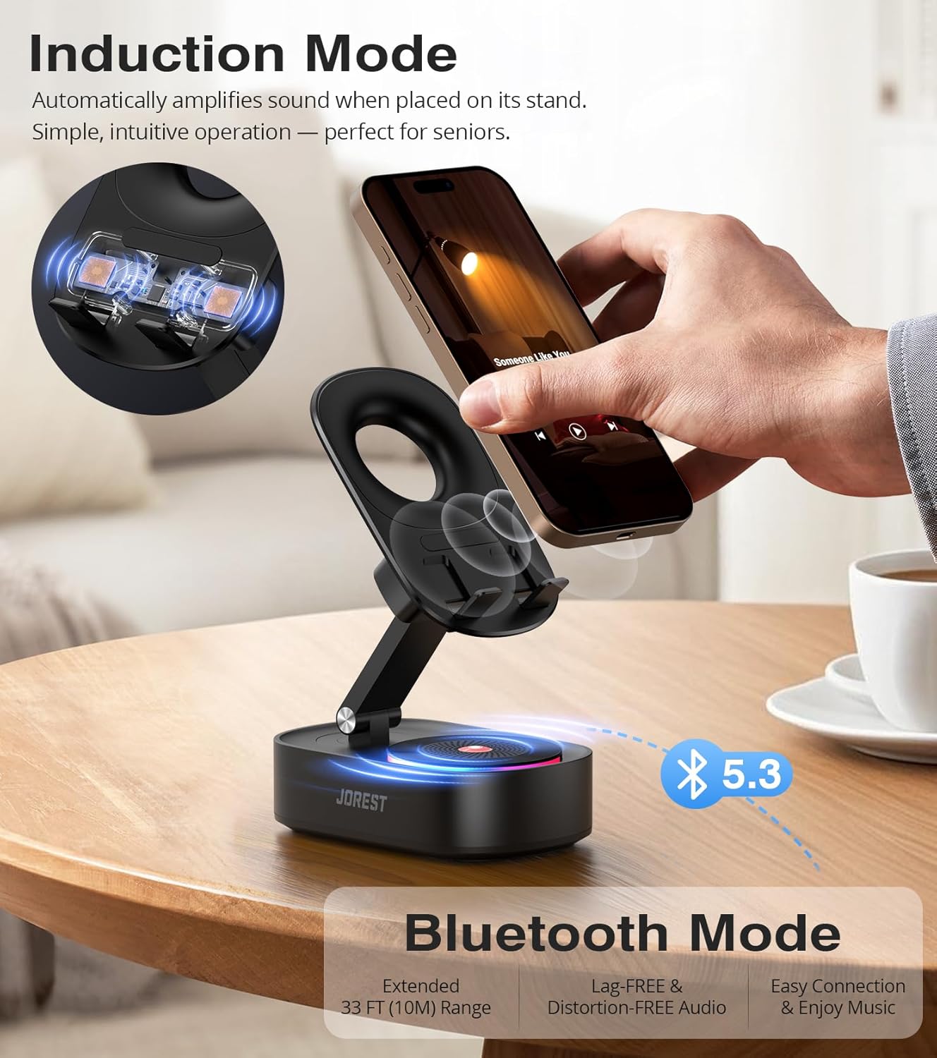 Jorest Wireless Induction Speaker, Cell Phone Stand with Bluetooth Audio, Phone Speaker Amplifier Foldable for iPhone, Android, iPad, Birthday Gifts for Men Women Teenage Boy Dad Father