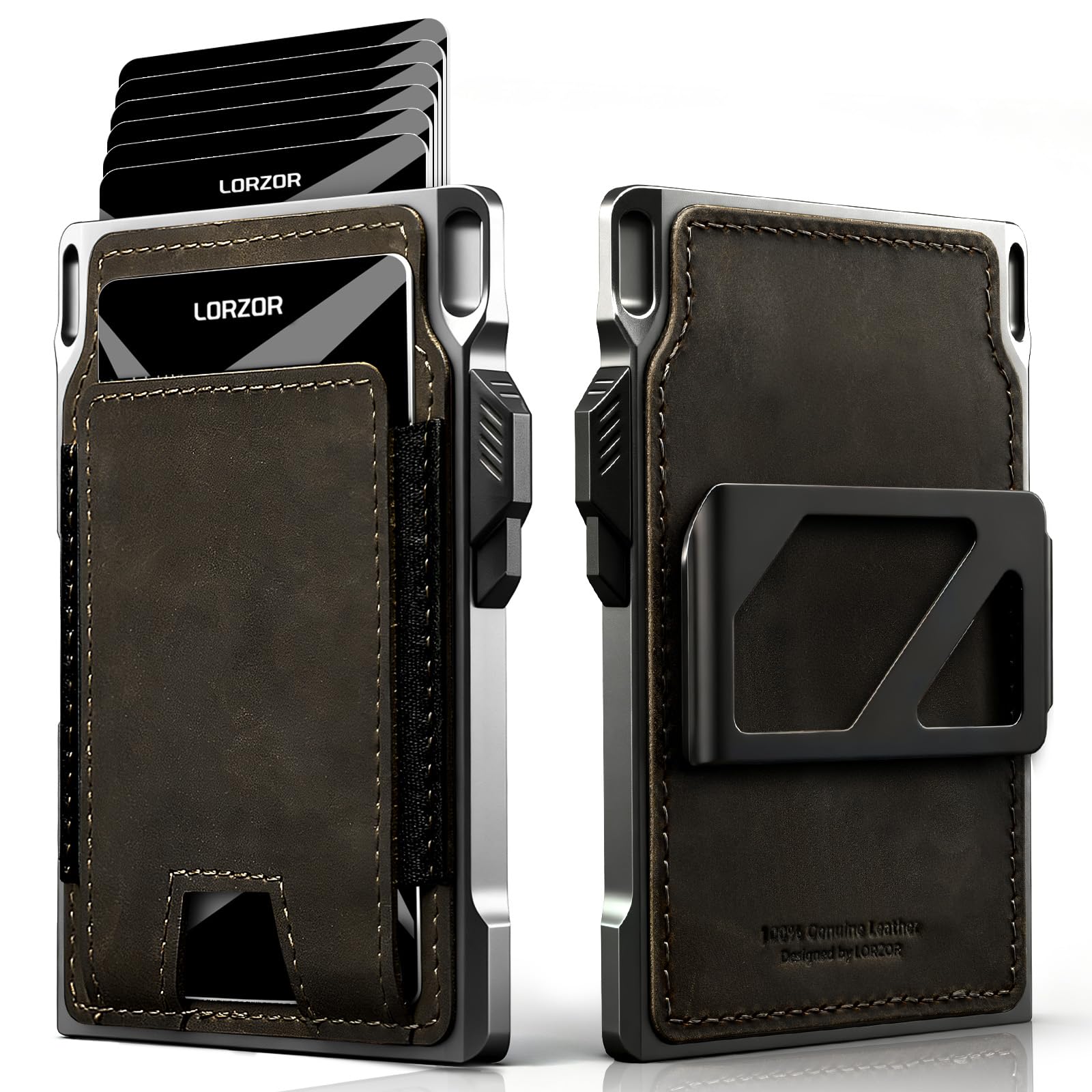 LORZOR Slim Tactical Wallet for Men- Minimalist Front Pocket Full Grain Leather Wallet for 10 Cards, RFID Blocking Aluminum Cardholder, Smart Pop Up Card Case, Money Clip, Gift Boxed(DistressBrown)