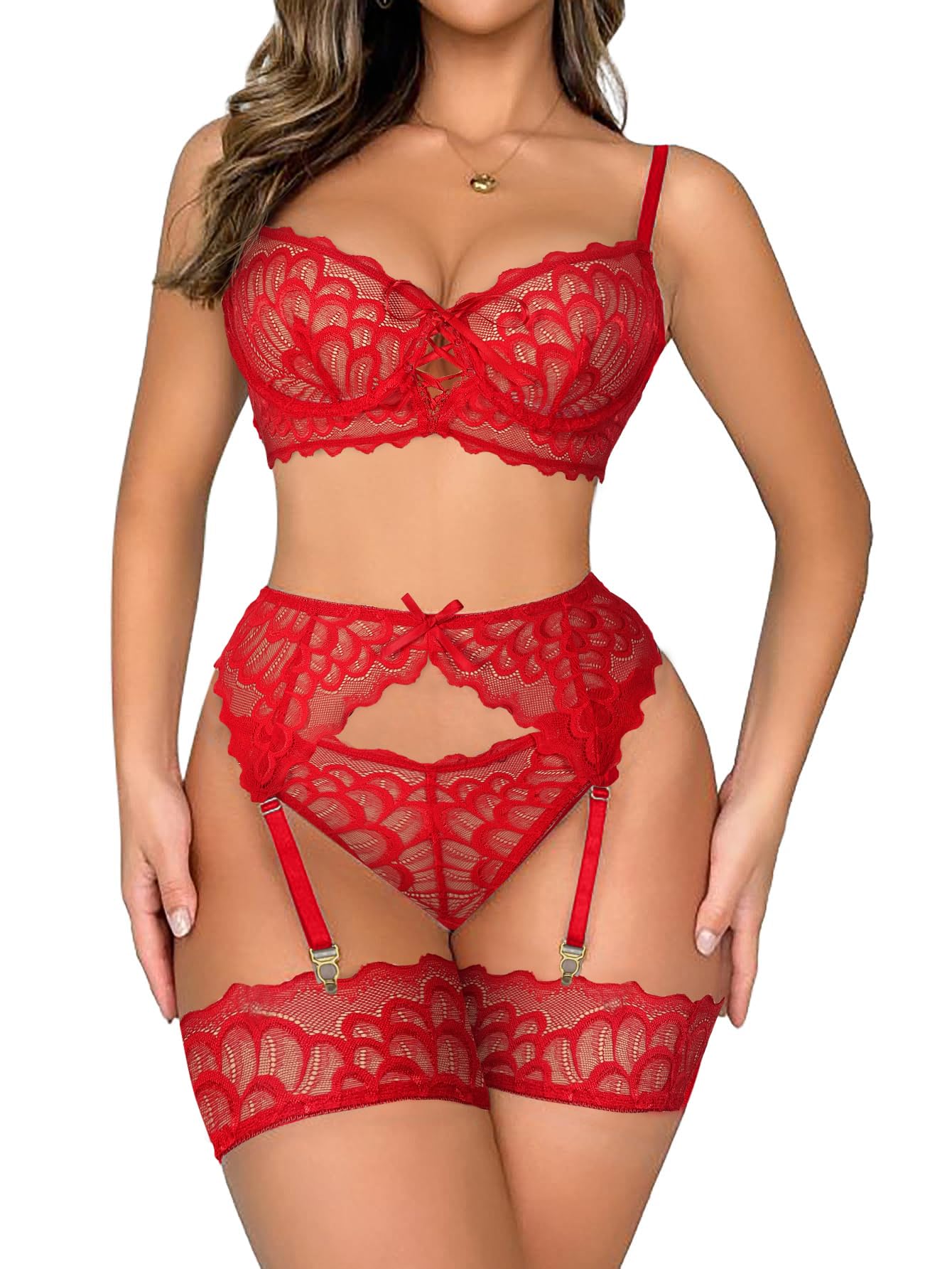 Lilosy Sexy Lingerie Outfit Set 3 Piece with Garter Belt 3XS-4XL | Lace bra and panty,corset bodysuit,sheer floral mesh,see through,rave,Valentine's/honeymoon/wedding night