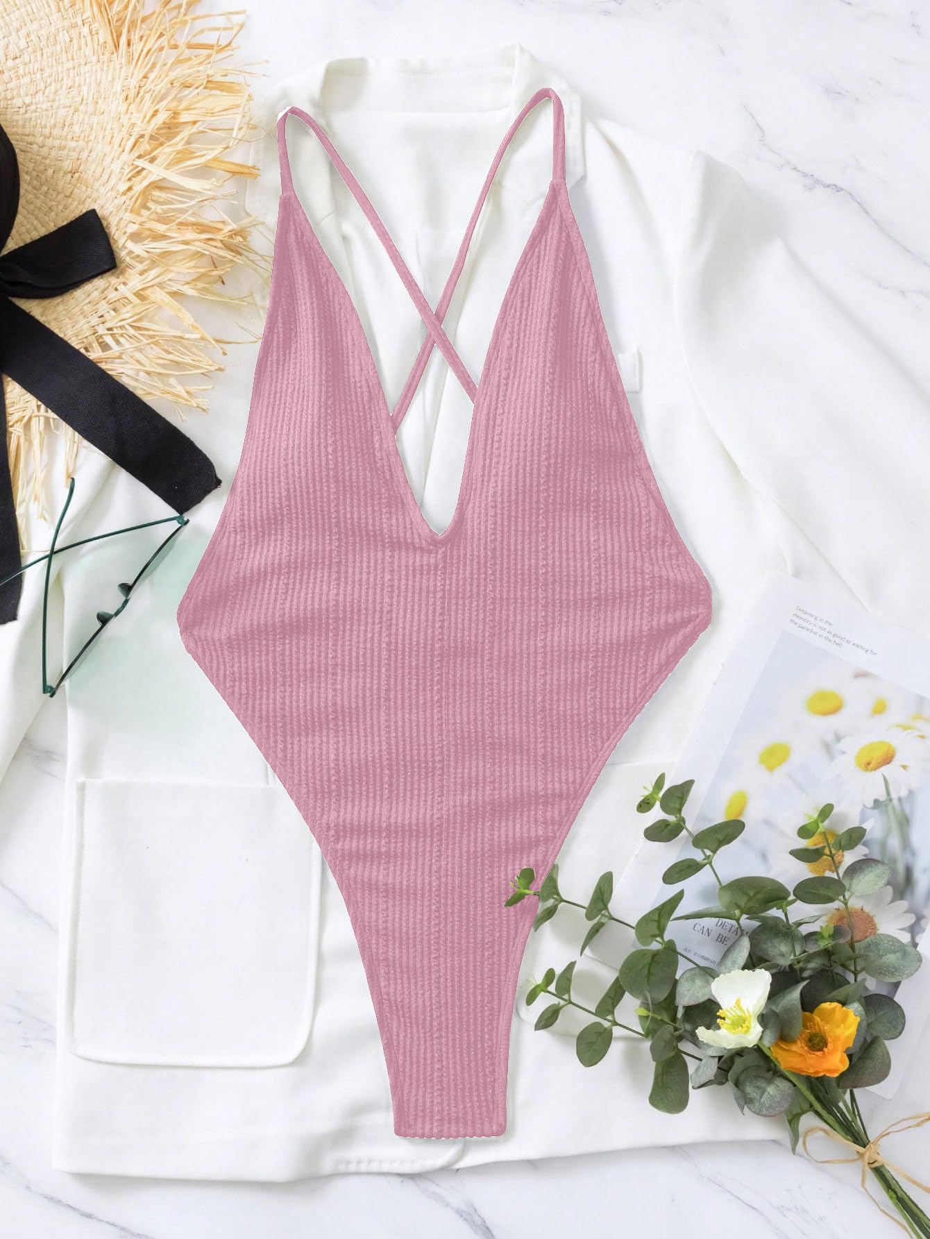 OYOANGLE Women's One Piece Swimsuit Criss Cross Backless Deep V Neck Spaghetti Straps High Cut Swimwear