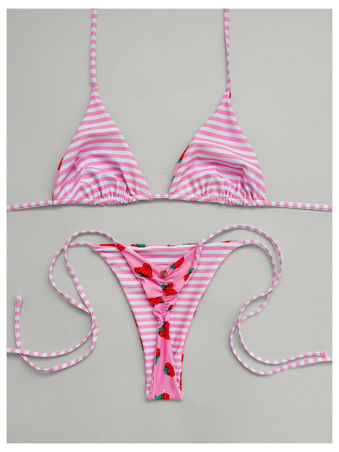 WDIRARA Women's Strawberry Print Striped 2 Piece Swimsuit Triangle String Thong Bikini Set