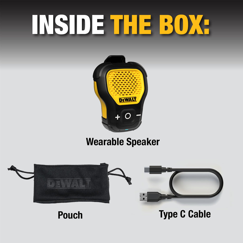 DEWALT Heavy Duty Wearable Bluetooth Speaker Pro Max (New Model) Jobsite Clip-On Mini Speaker w/LED Work Light, IP56 Water Resistant, 12H Runtime, Built-in Mic & Multi-Speaker Link