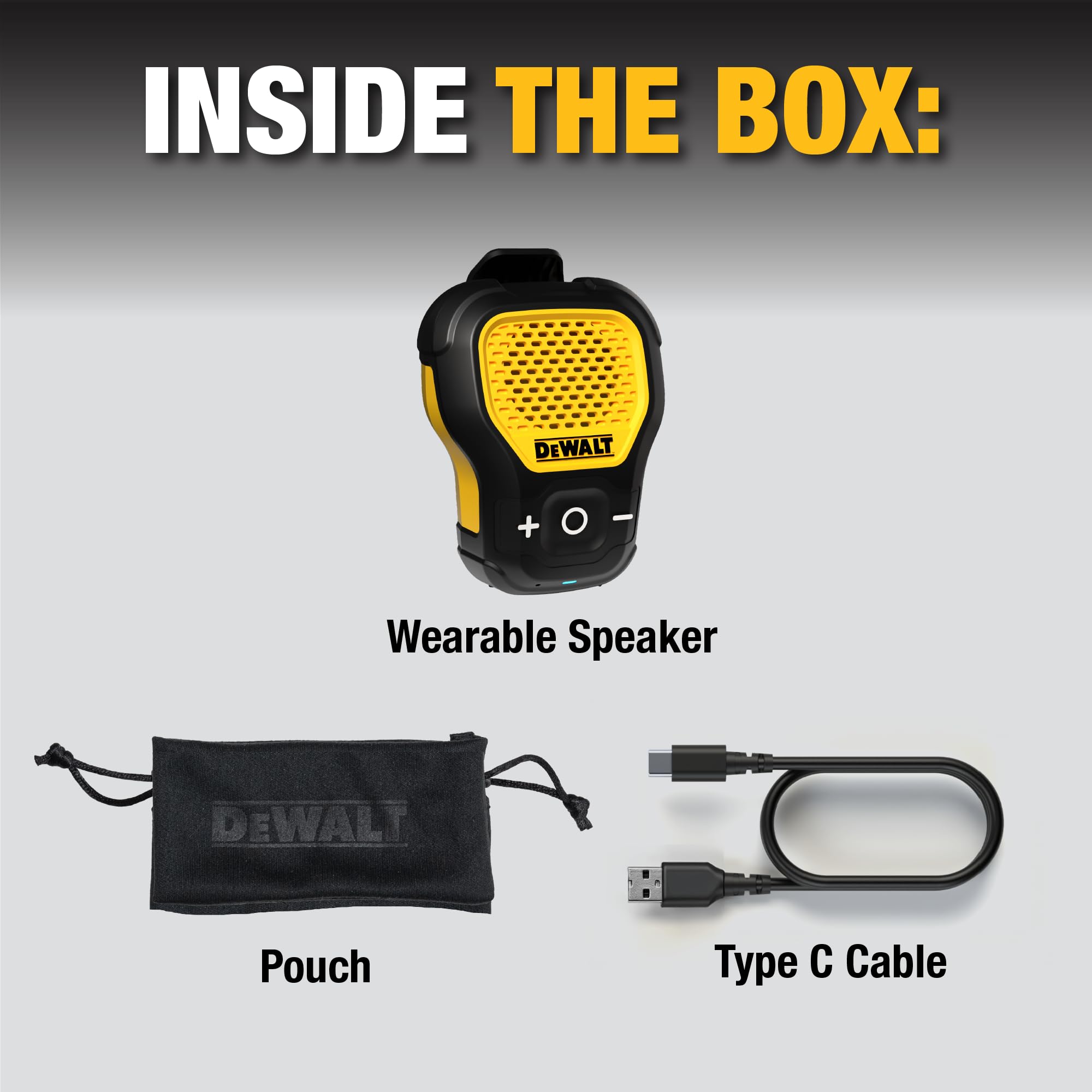 DEWALT Heavy Duty Wearable Bluetooth Speaker Pro Max (New Model) Jobsite Clip-On Mini Speaker w/LED Work Light, IP56 Water Resistant, 12H Runtime, Built-in Mic & Multi-Speaker Link