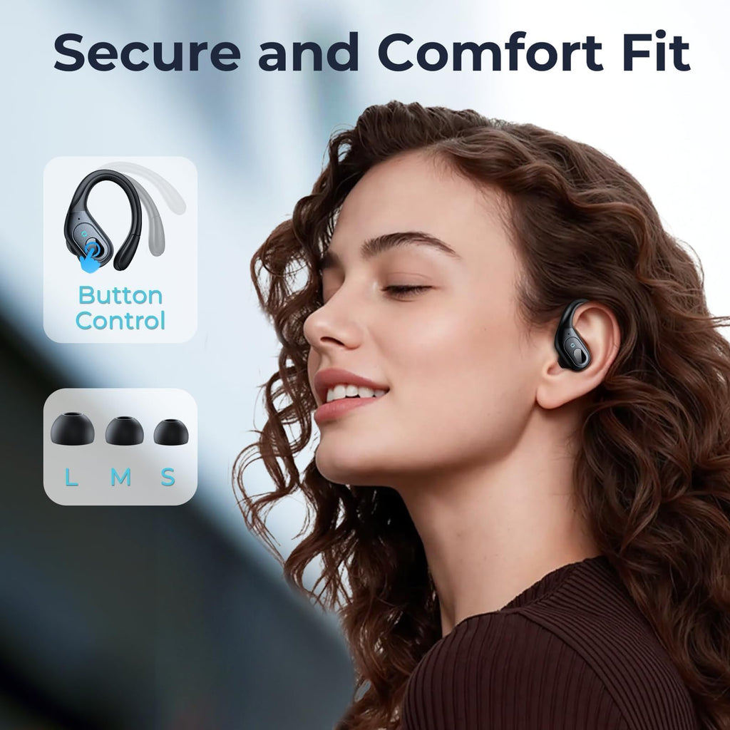 occiam Active Noise Cancelling Earbuds Wireless Bluetooth Headphones Ear Buds 90Hrs Playback Stereo Bass Earphones with Mic Over-Ear Hooks IPX7 Waterproof Headset for Work Sports Running Matte Black