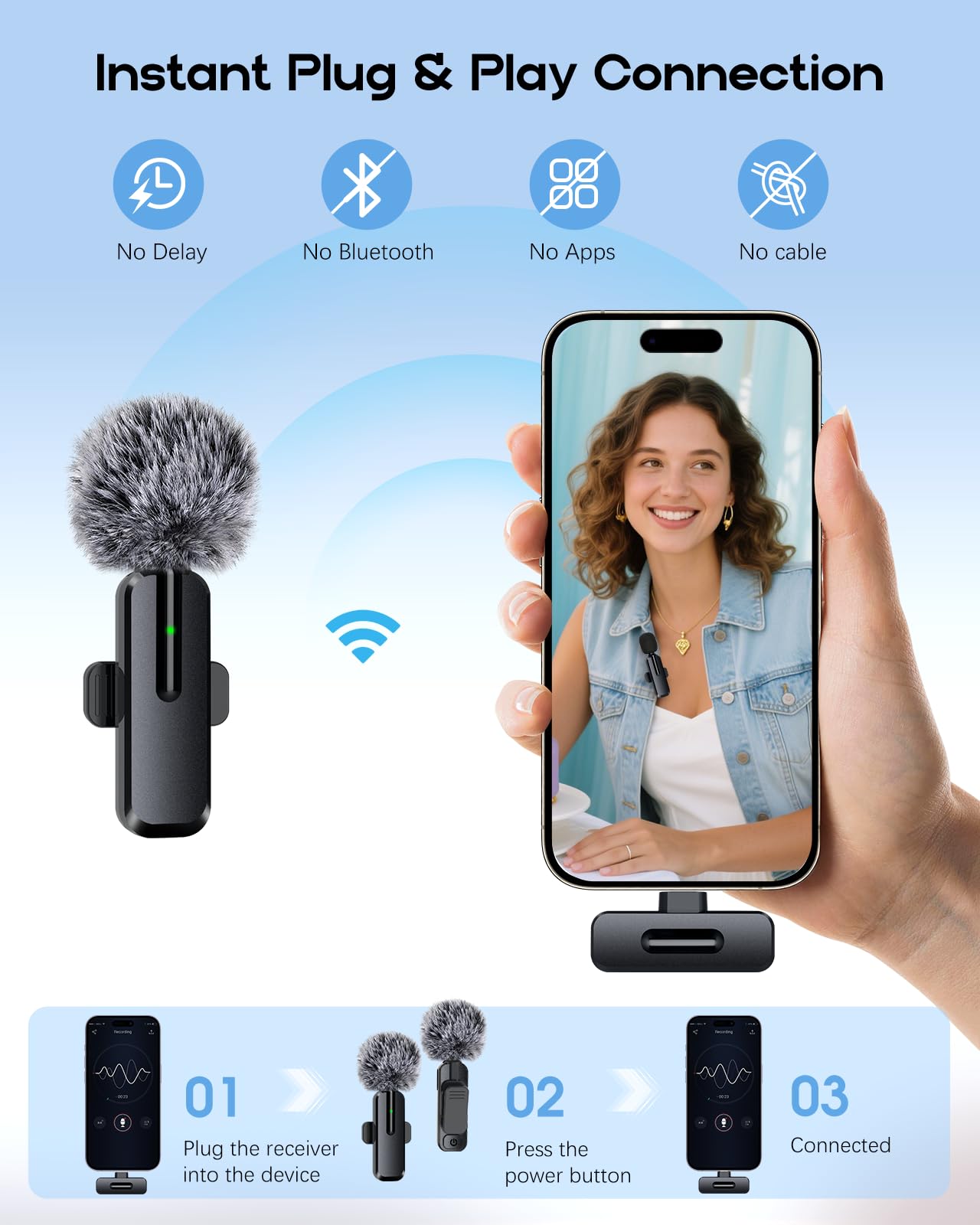 Wireless Mini Microphone for iPhone, Android - 2 Pack Lavalier Microphone for Video Recording, 2 In 1 Noise Reduction Lapel Mic for Ipad, Clip-on Mini Mic with USB-C for Content Creators Podcast