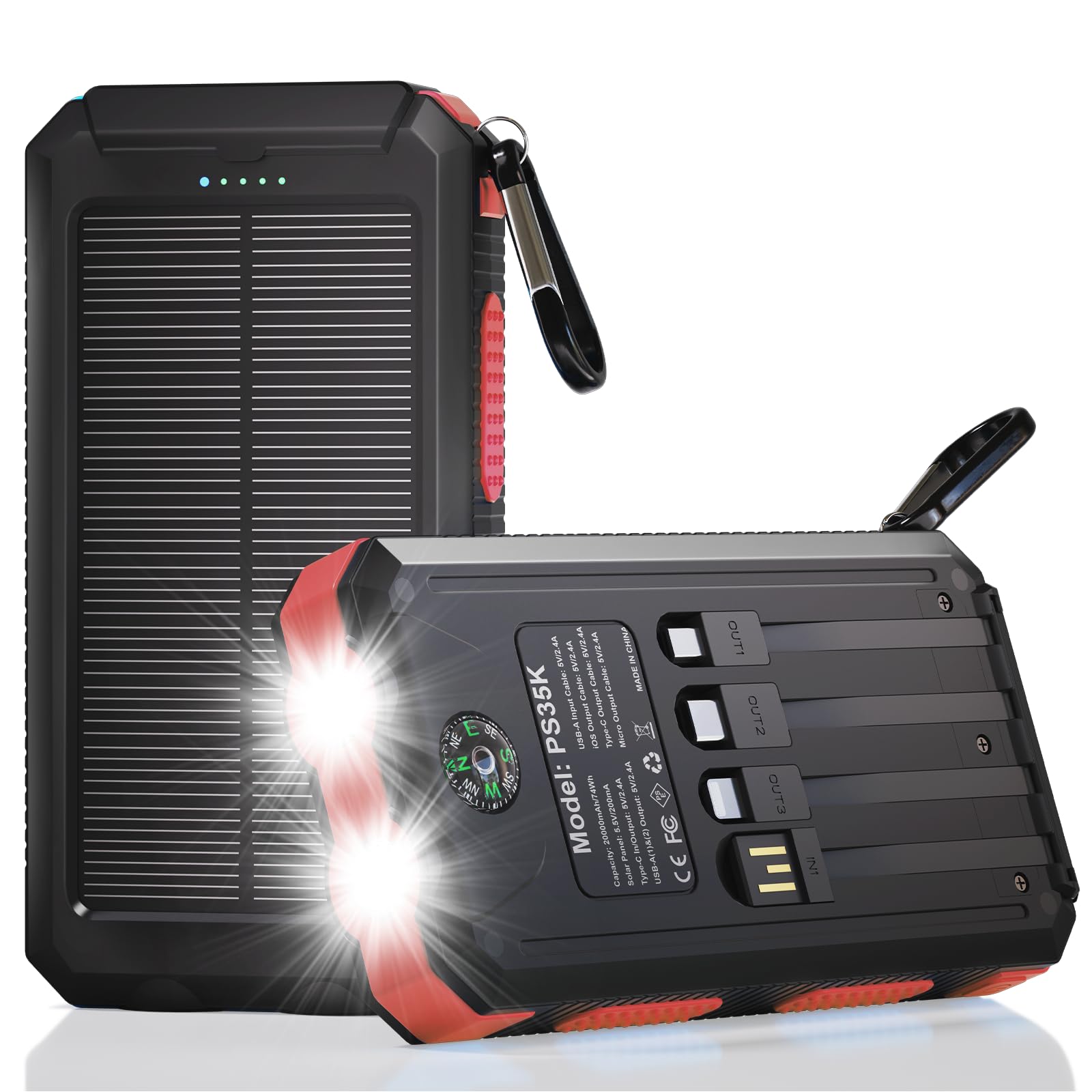 Durecopow Solar Charger Power Bank 20,000mAh, Portable Charger, 4 Cables 3 Ports Fast Charging External Battery Pack with USB C for Cell Phones, Solar Panel Charger with Dual Flashlight for Camping