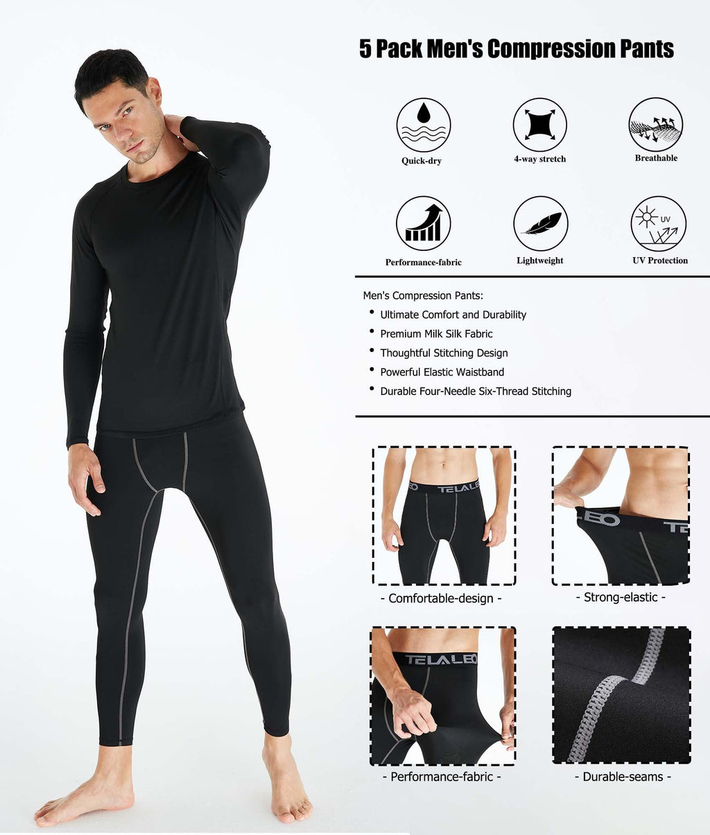 TELALEO 5 Pack Men's Compression Pants for Workout, Running,Basketball,Football-Sports Baselayer Leggings
