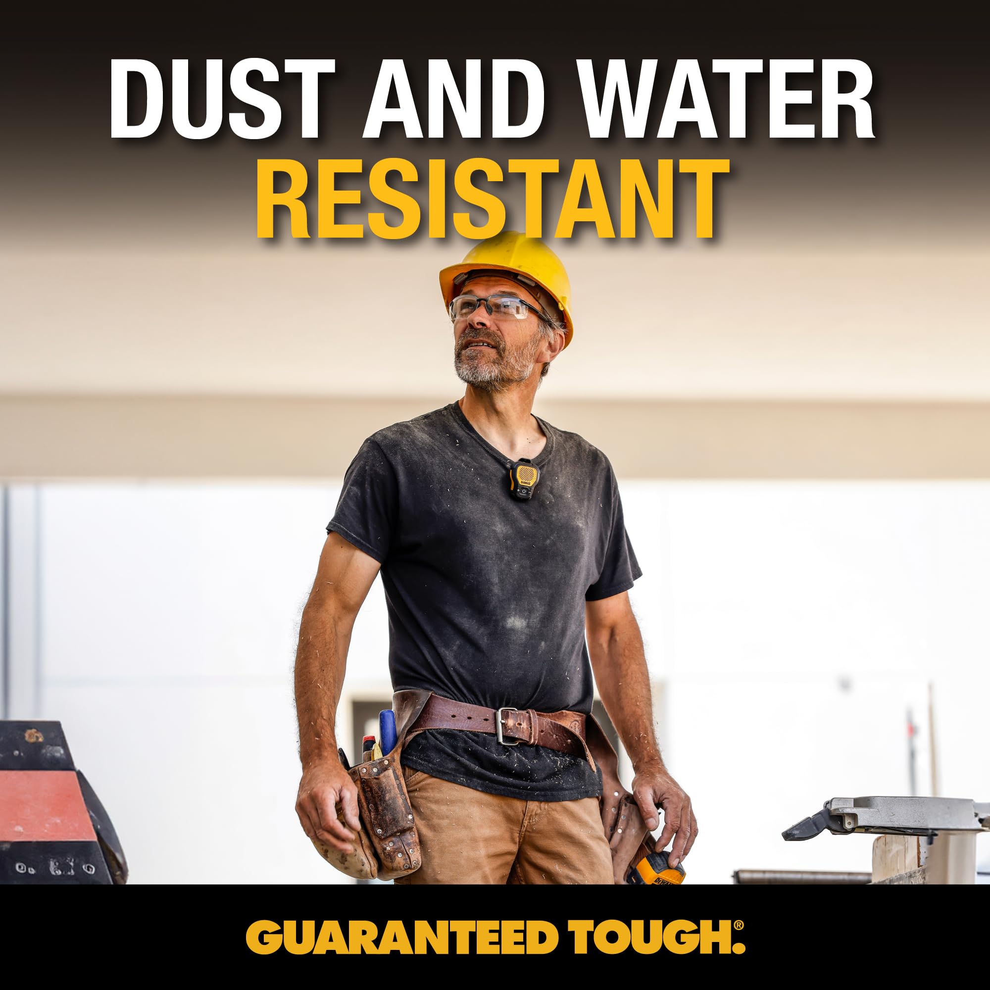DEWALT Heavy Duty Wearable Bluetooth Speaker Pro Max (New Model) Jobsite Clip-On Mini Speaker w/LED Work Light, IP56 Water Resistant, 12H Runtime, Built-in Mic & Multi-Speaker Link