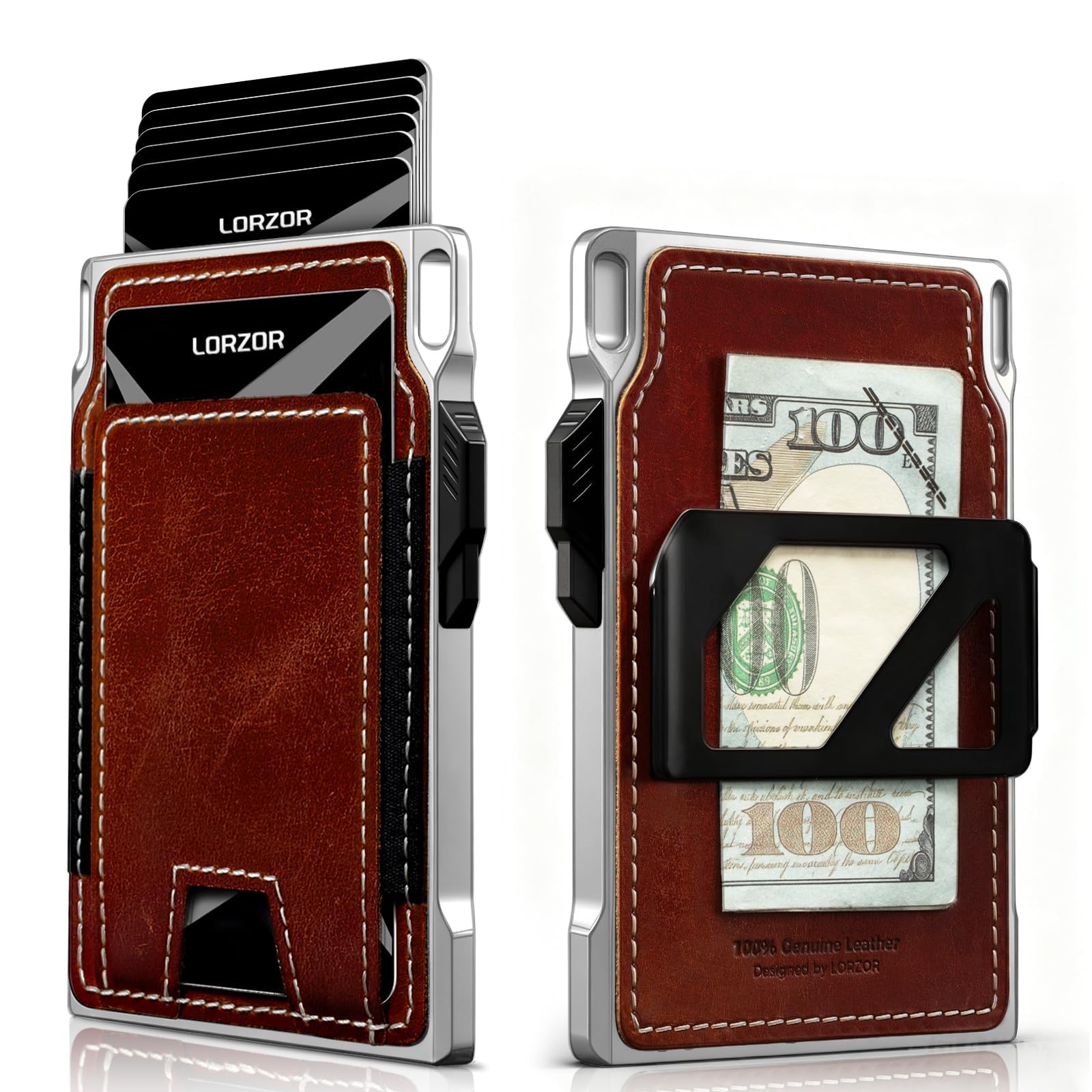 LORZOR Slim Tactical Wallet for Men- Minimalist Front Pocket Full Grain Leather Wallet for 10 Cards, RFID Blocking Aluminum Cardholder, Smart Pop Up Card Case, Money Clip, Gift Boxed(DistressBrown)