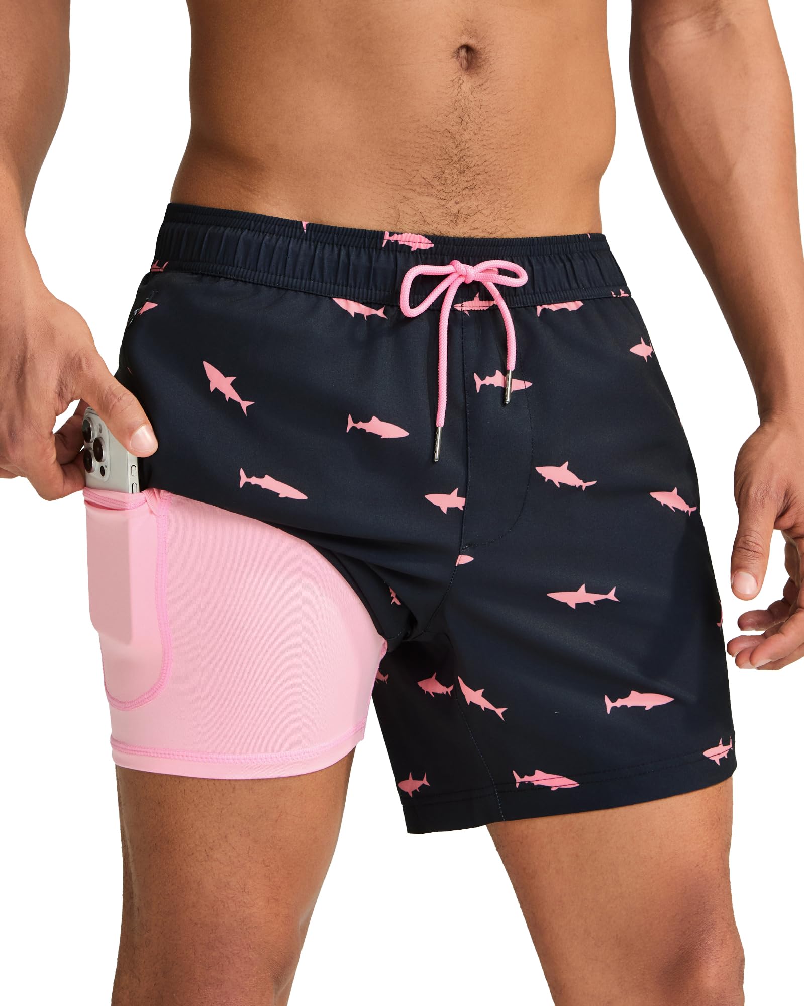 maamgic Mens Swim Trunks with Compression Liner 5 Inch, Quick Dry Bathing Suit with Zipper Pockets, No-Chafing Swim Shorts