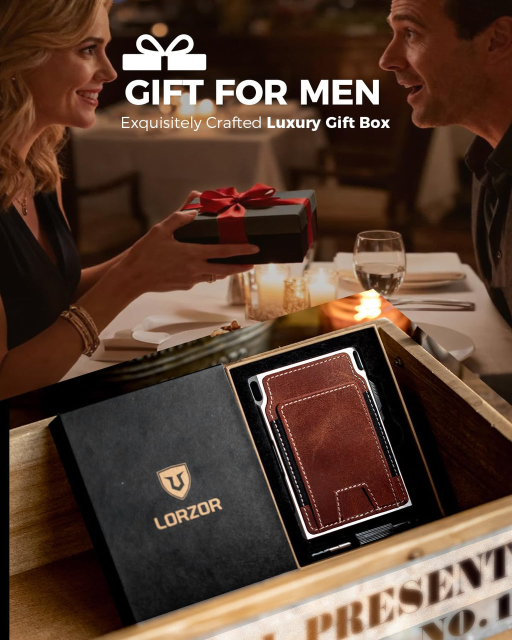 LORZOR Slim Tactical Wallet for Men- Minimalist Front Pocket Full Grain Leather Wallet for 10 Cards, RFID Blocking Aluminum Cardholder, Smart Pop Up Card Case, Money Clip, Gift Boxed(DistressBrown)