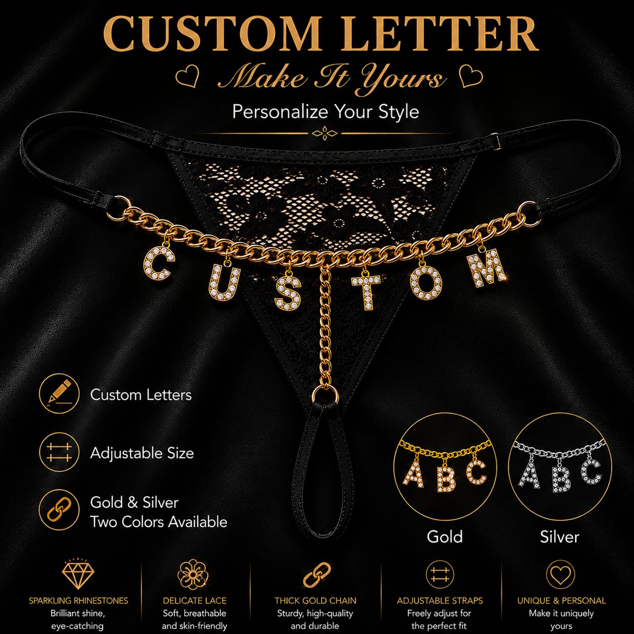 Sexy Underwear for Women, 2 Pack Thong Panties Custom Name or Fun Lettering, Lace&Silk G-String, Adjustable