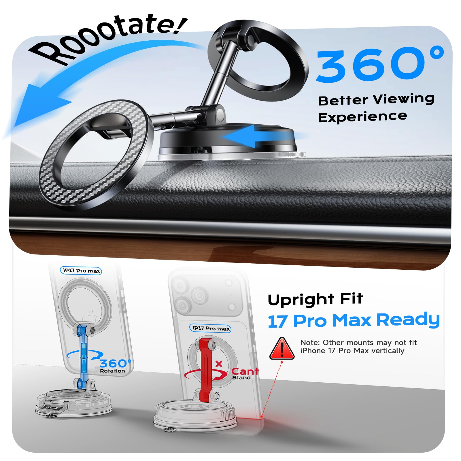 NeverDrop Magsafe Car Mount [2 Bases for Any Surface | 118+LBS Ultra Grip | 2400gf Strong Magnetic] 360° Adjustable Car Phone Holder, Phone Holders for Your Car for All Smartphones, Carbon Fiber