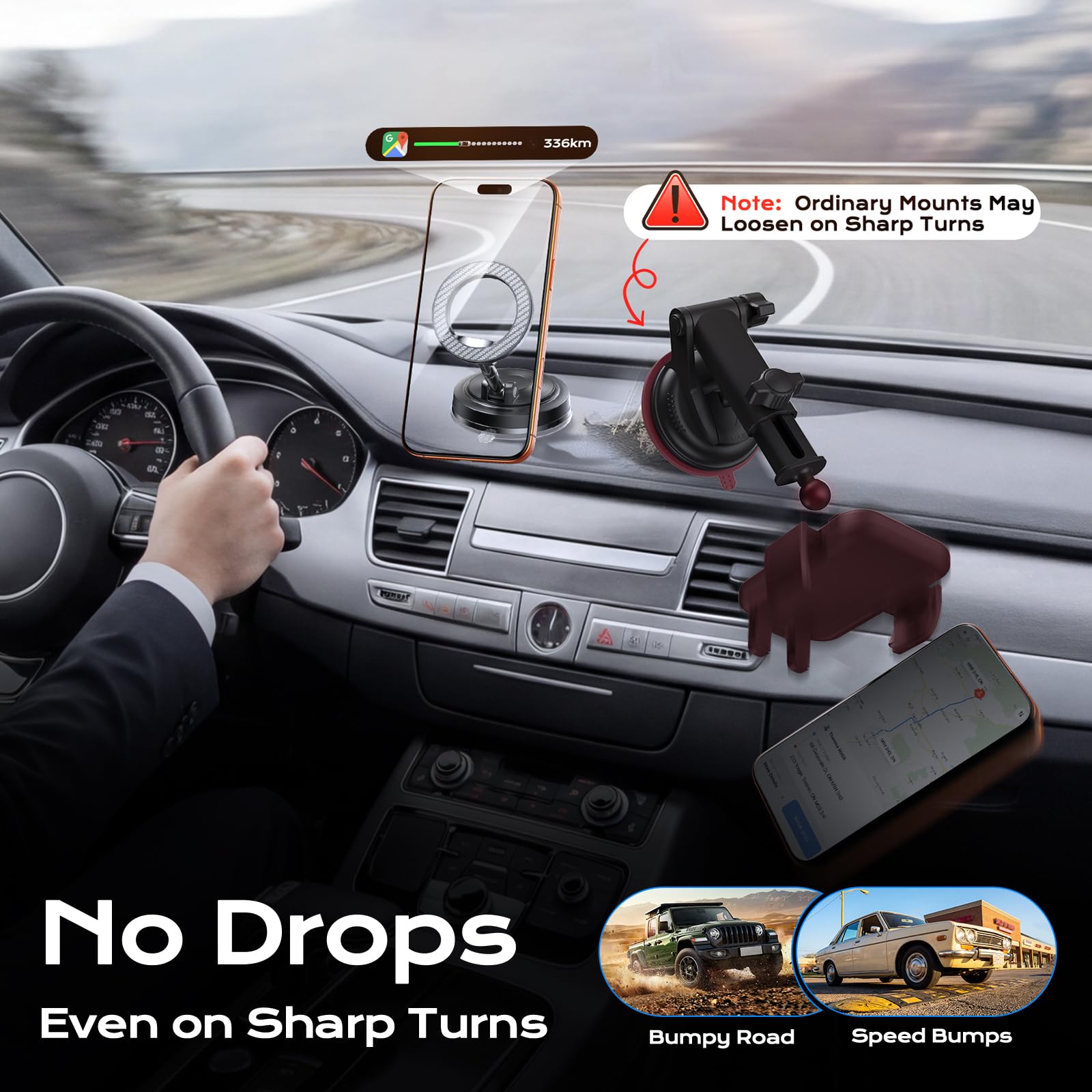 NeverDrop Magsafe Car Mount [2 Bases for Any Surface | 118+LBS Ultra Grip | 2400gf Strong Magnetic] 360° Adjustable Car Phone Holder, Phone Holders for Your Car for All Smartphones, Carbon Fiber