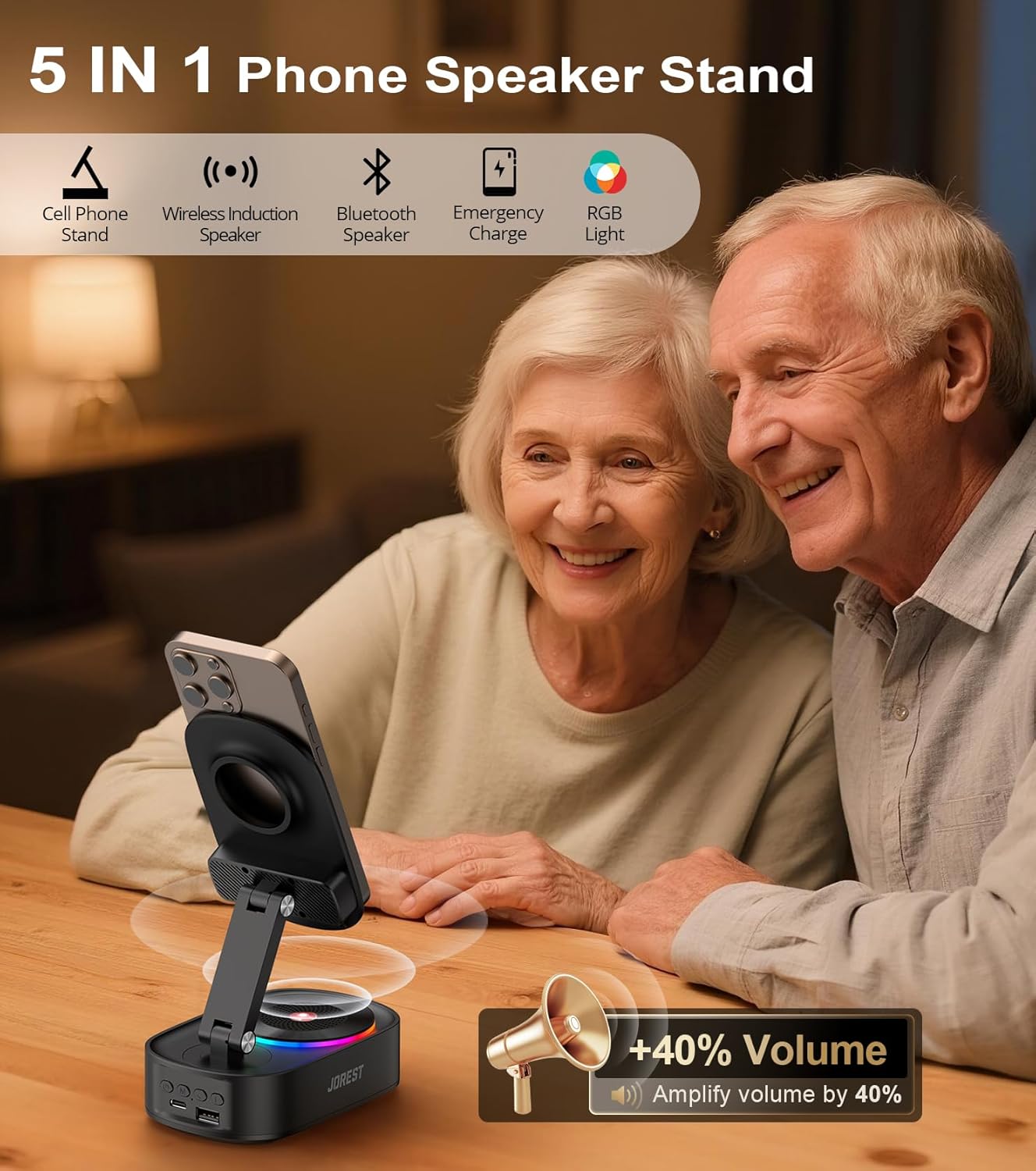Jorest Wireless Induction Speaker, Cell Phone Stand with Bluetooth Audio, Phone Speaker Amplifier Foldable for iPhone, Android, iPad, Birthday Gifts for Men Women Teenage Boy Dad Father