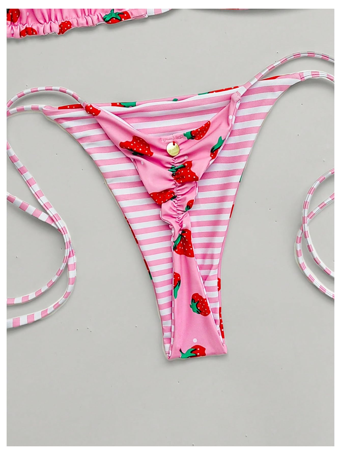 WDIRARA Women's Strawberry Print Striped 2 Piece Swimsuit Triangle String Thong Bikini Set