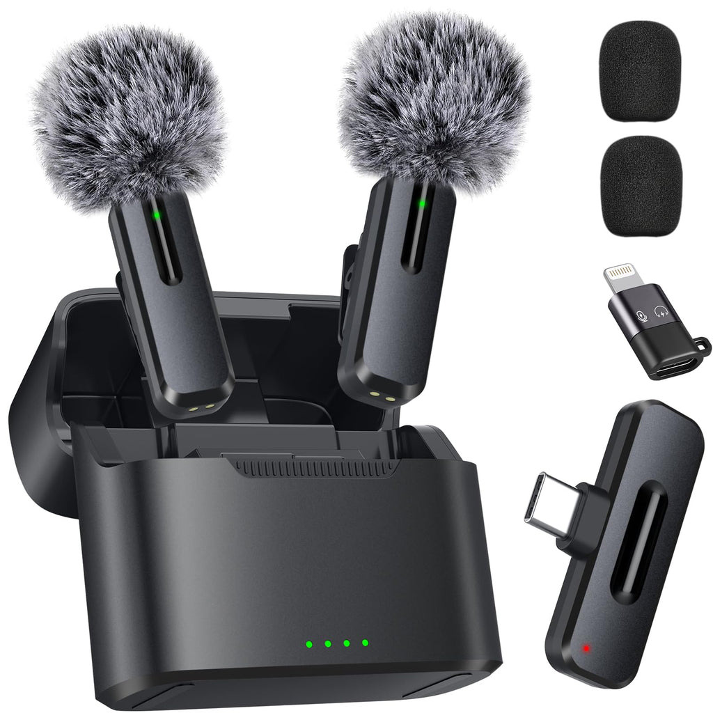 Wireless Mini Microphone for iPhone, Android - 2 Pack Lavalier Microphone for Video Recording, 2 In 1 Noise Reduction Lapel Mic for Ipad, Clip-on Mini Mic with USB-C for Content Creators Podcast