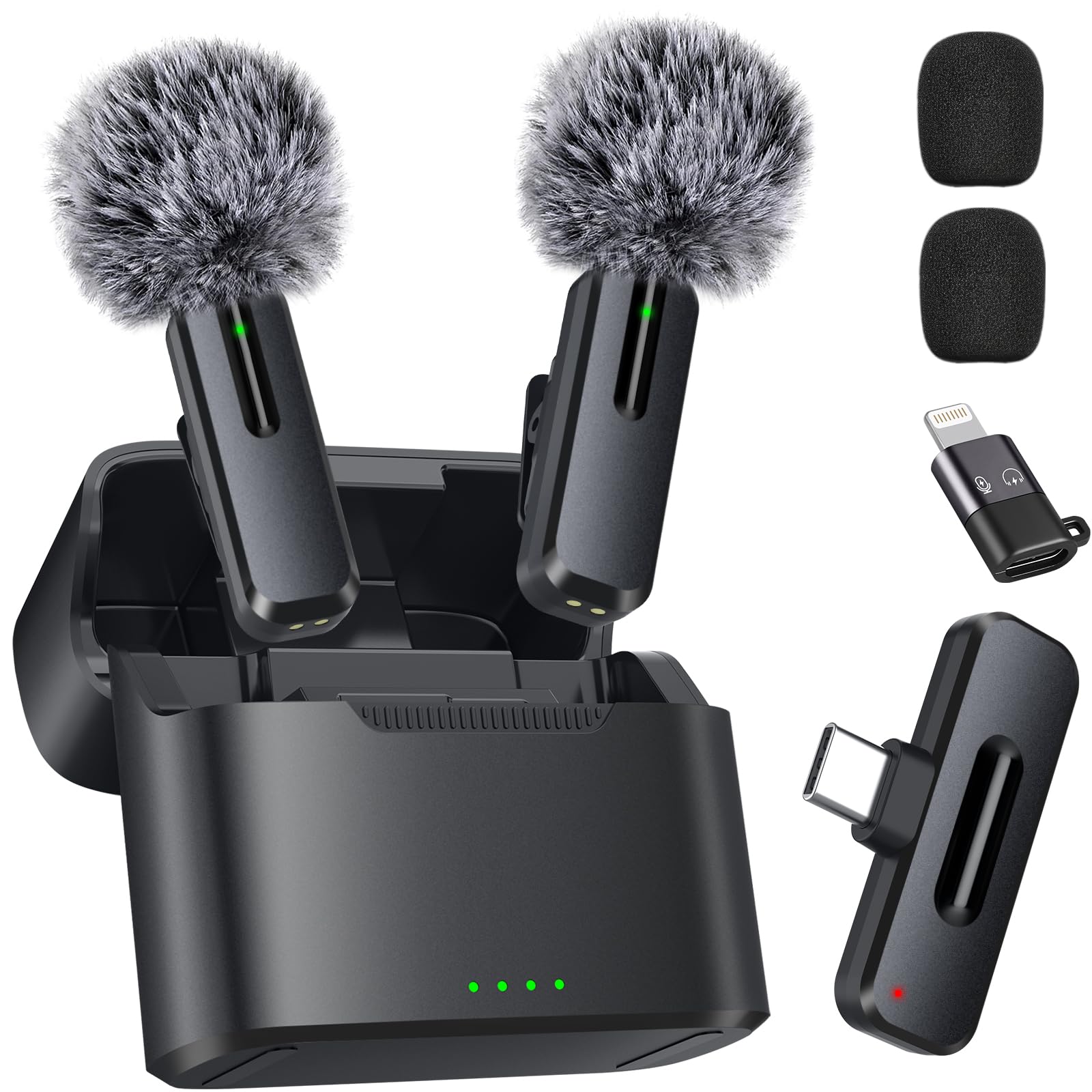 Wireless Mini Microphone for iPhone, Android - 2 Pack Lavalier Microphone for Video Recording, 2 In 1 Noise Reduction Lapel Mic for Ipad, Clip-on Mini Mic with USB-C for Content Creators Podcast