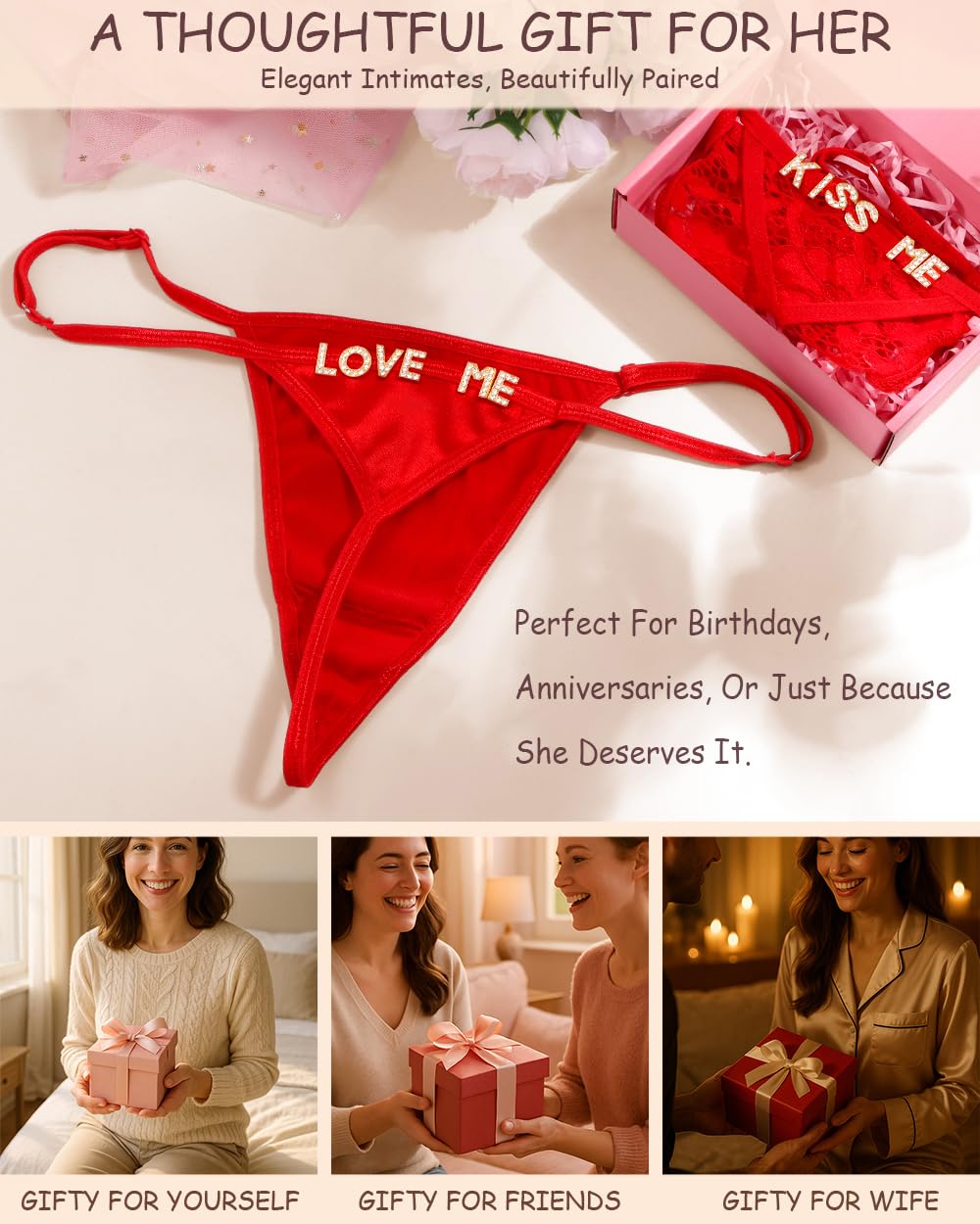 Sexy Underwear for Women, 2 Pack Thong Panties Custom Name or Fun Lettering, Lace&Silk G-String, Adjustable